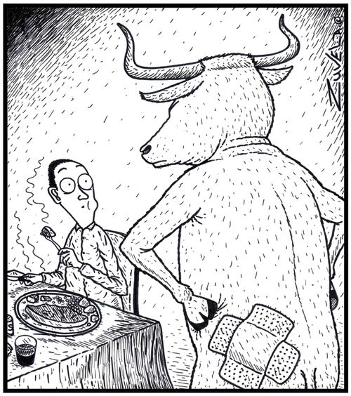 An angry bull has found out where his missing piece of Rump (steak) has ended up.