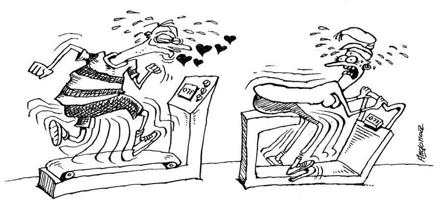 Man on an exercise bike chasing a woman on another one.