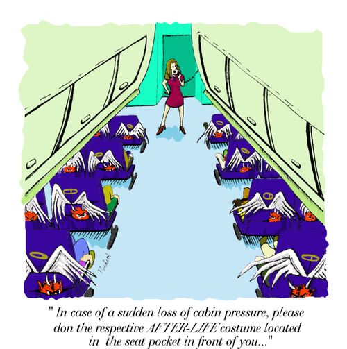 'In case of a sudden loss of cabin-pressure, please don the respective AFTER-LIFE costume located in the seat pocket in front of you..'