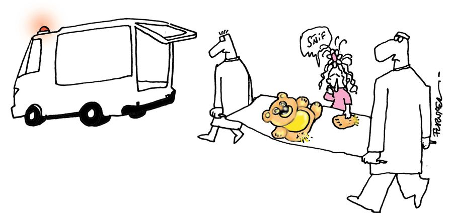 Teddy bear being taken to hospital.