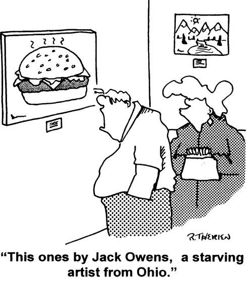 Painting of Hamburger. "This one's by Jack Owens, a starving artist from Ohio."