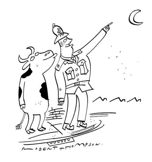 A Policeman showing a cow where the moon is