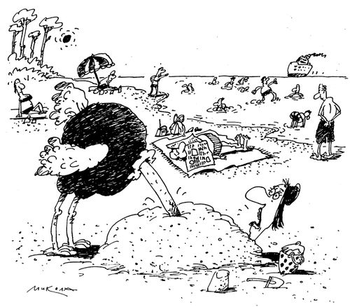 Ostrich's head buried into a pile of sand containing a woman