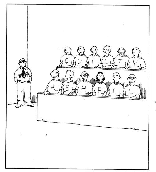 Jury Wearing "guilty as hell" t-shirts.
