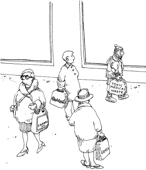 Bag lady with toxic medical waste