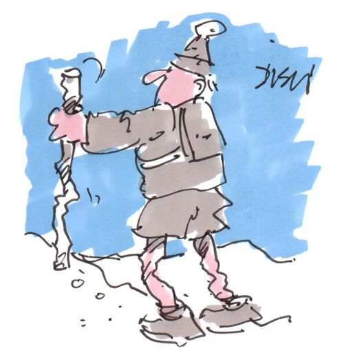 Man with twisted legs using a twisted walking stick.