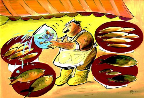 Fishmonger tipping goldfish bowl to join other fish on his stall.