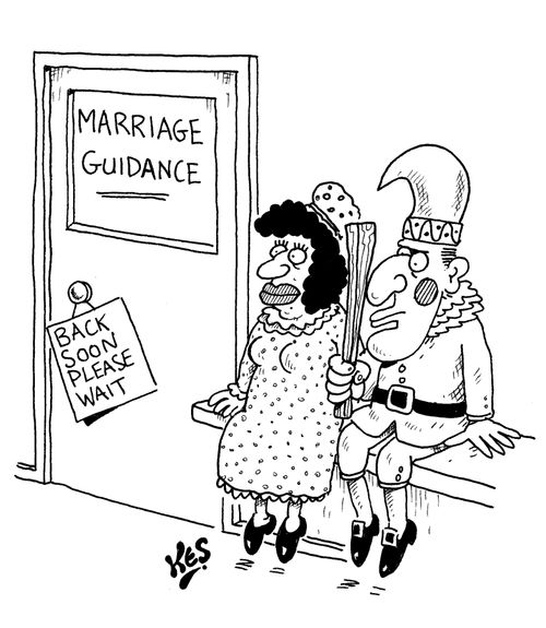 Punch and Judy wait outside marriage guidance consellor's office.