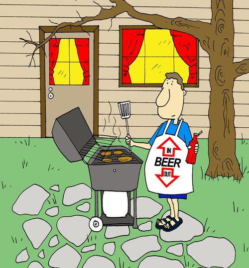 Barbequer wears apron with 'Beer in -beer out' slogan.