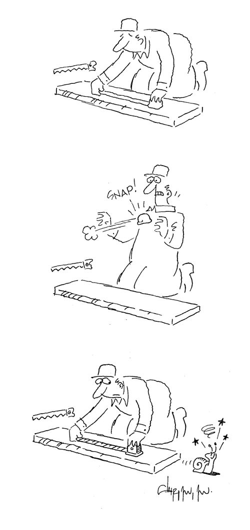 Builder mistakes snail for measuring tape.