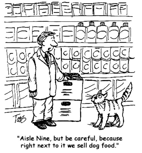 "Aisle Nine, but be careful, because right next to it we sell dog food."