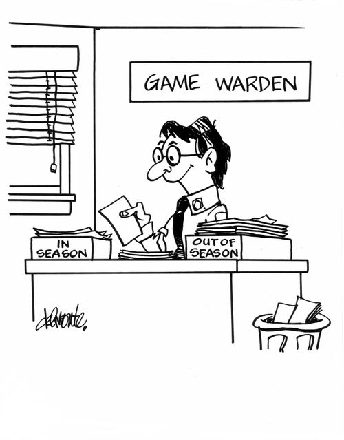 Captionless Game Warden has boxes on desk 'In Season' and 'Out Of Season'.