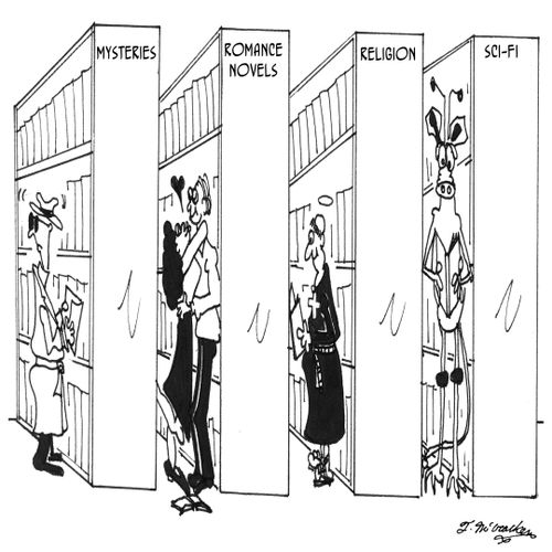 In a library a spy reads in the mysteries section, lovers in romance novels, a monk in religion, and a space alien in sci-fi.