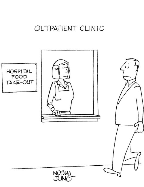 Patient at hospital sees hospital cafeteria advertising take-out food.