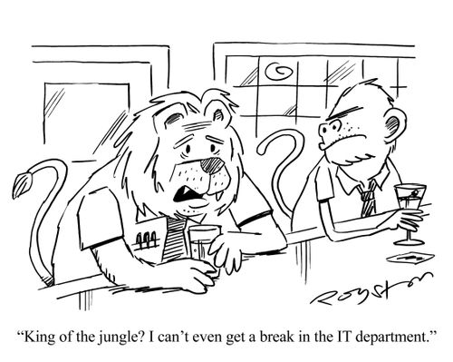 Lion in work clothes in bar, says: 'King of the jungle? I can't even get a break in the IT department.'