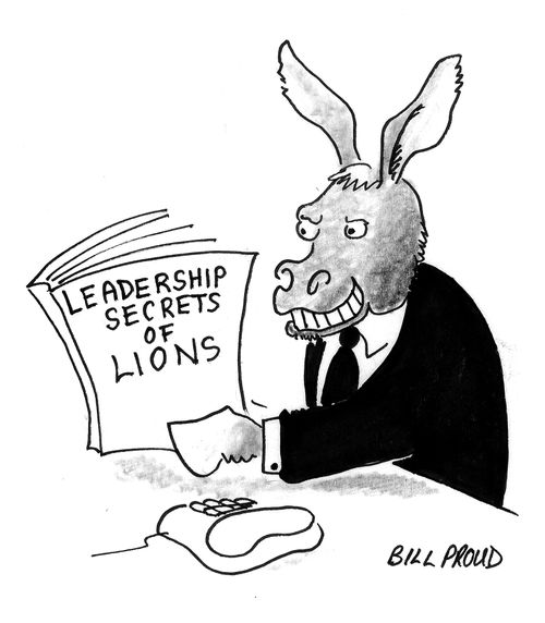 Donkey reads 'Leadership Secrets of Lions'.