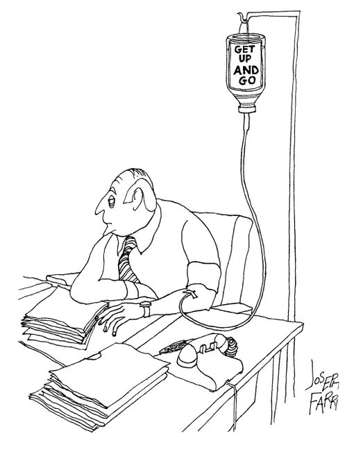 Man being fed 'Get up and Go' on a drip.