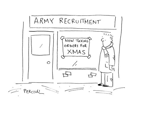 Army recruitment office with a man outside reading a sign: Now Taking Orders for Xmas