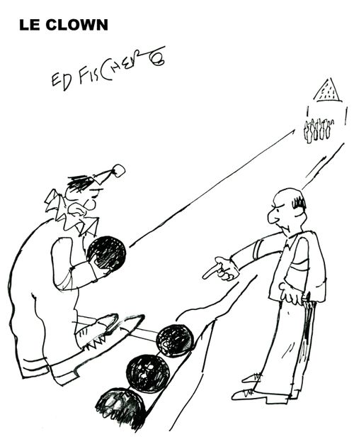Clown has trouble keeping shoes behind line while bowling