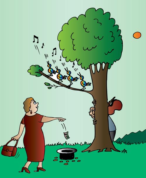 Birds performing for pay.