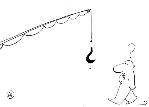 Upside down question mark hanging from fishing line.