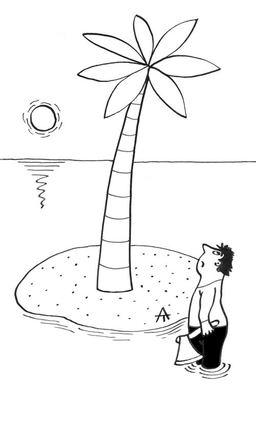 Man with an axe approaches a palm tree on a desert island.