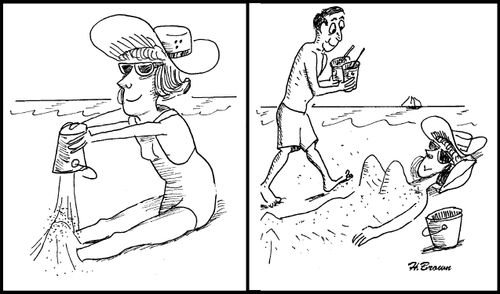 Woman creates fake sandcastle breasts to attract attention at the beach.