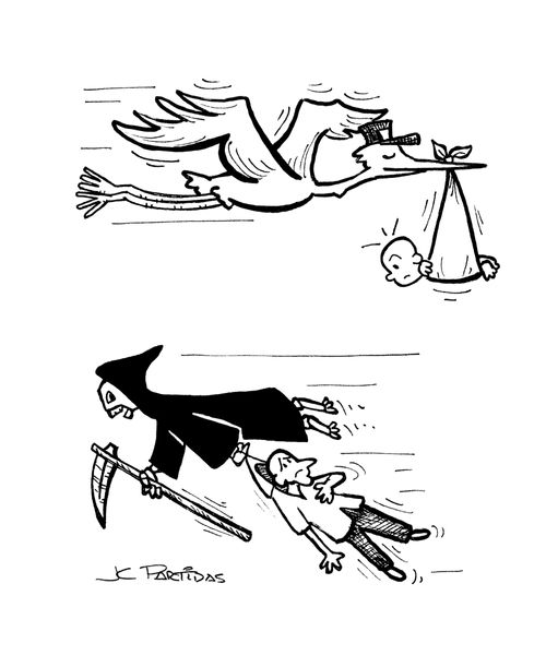 A stork brings new life and the grim reaper ends life.