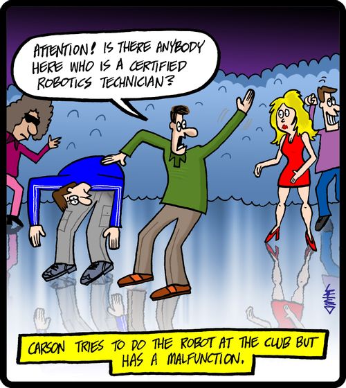 Carson tries to do the robot at the club but has a malfunction.
