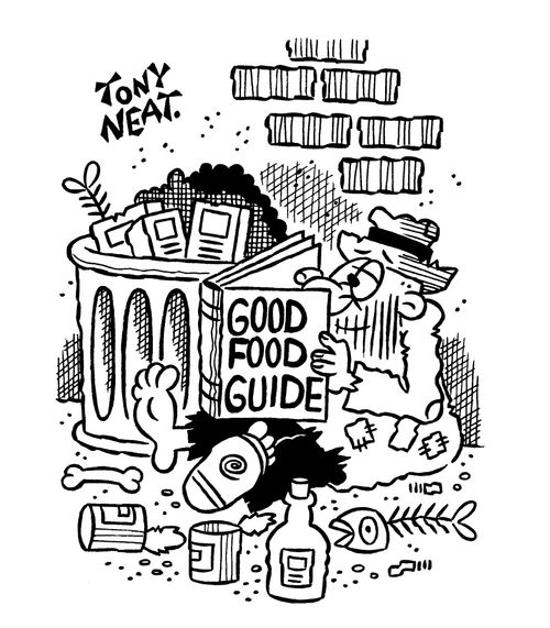 Tramp reading Good Food Guide.