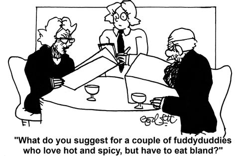 'What do you sugget for a couple of fuddyduddies who love hot and spicy, but have to eat bland?'