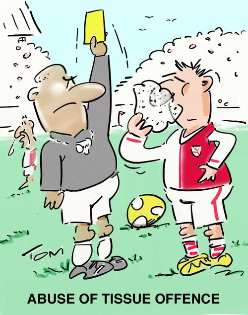 Referee penalises footballer for using a tissue.
