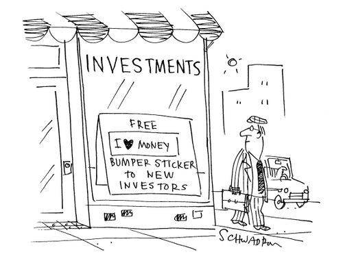 'Free 'I love money' bumper sticker to new investors.'