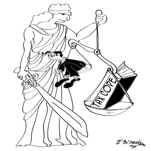 Lady Justice with an eye peeking from under her blindfold holds scales where a humongous book, 'The Tax Code' weighs more than a man.