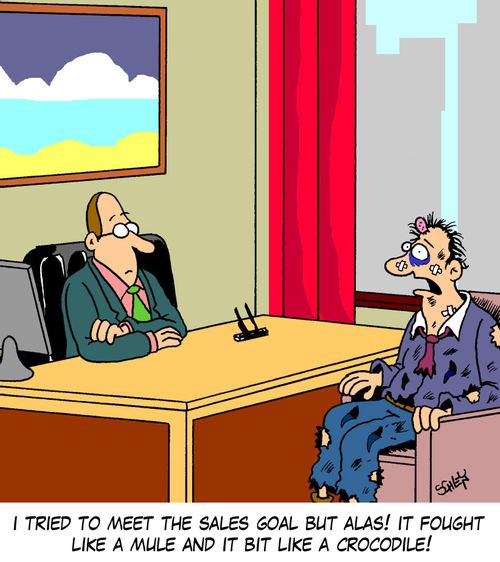 'I tried to meet the sales goal but alas! It fought like a mule and it bit like a crocodile!'