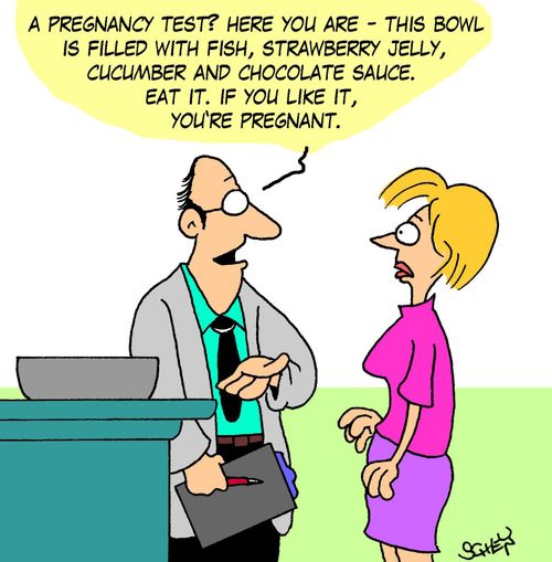 'A pregnancy test? Here you are - this bowl is filled with fish, strawberry jelly, cucumber and chocolate sauce. Eat it. If you like it, you're pregnant.'