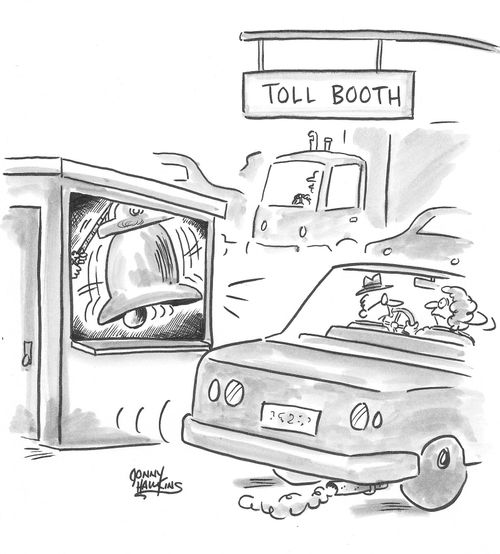 Car leaves toll booth which has a bell in it.
