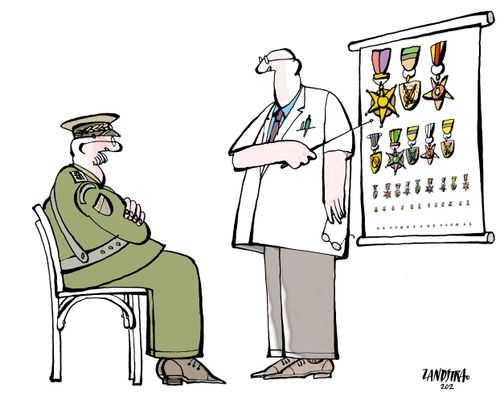 Army general taking an eye test using military medals.