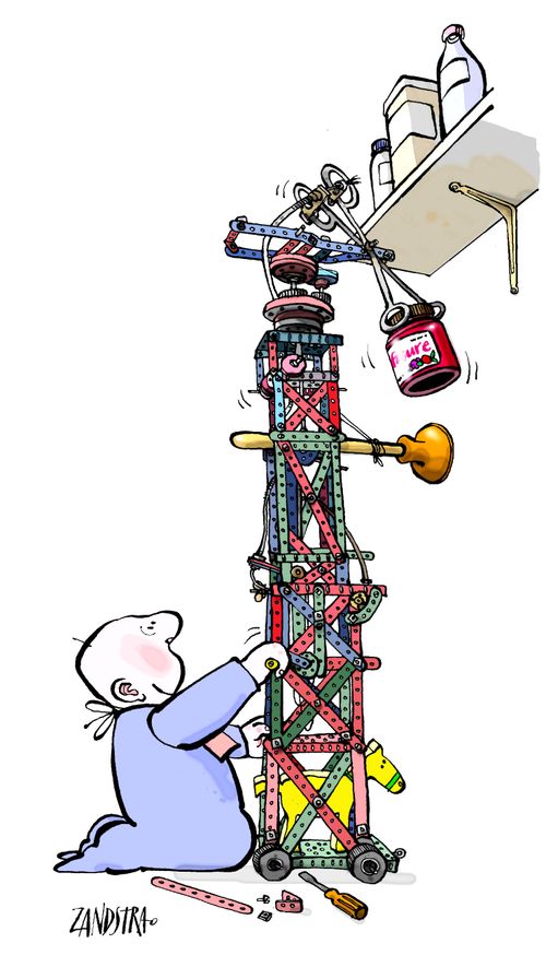Baby using model construction system to retrieve jam.