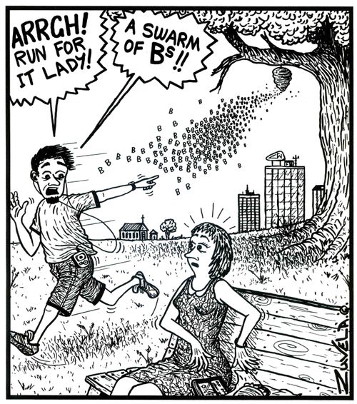 'ARRGH! Run for it lady!' 'A swarm of Bs!!' A guy running away from a swarm of the actual letter B