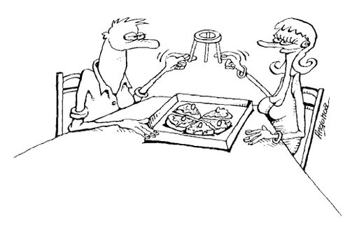 Couple sharing the plastic widget from a pizza box like a chicken's wish bone