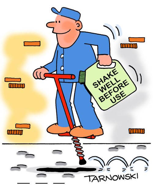 Man uses a pogo stick to 'Shake well before use'.