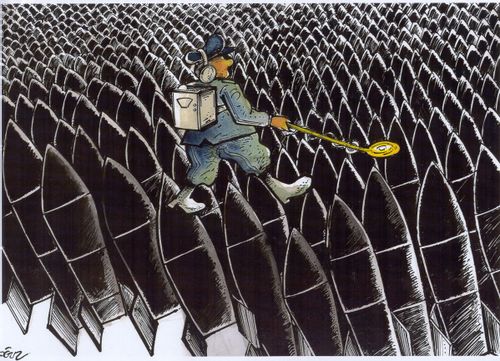 Man Walking On Missiles With Metal Detector