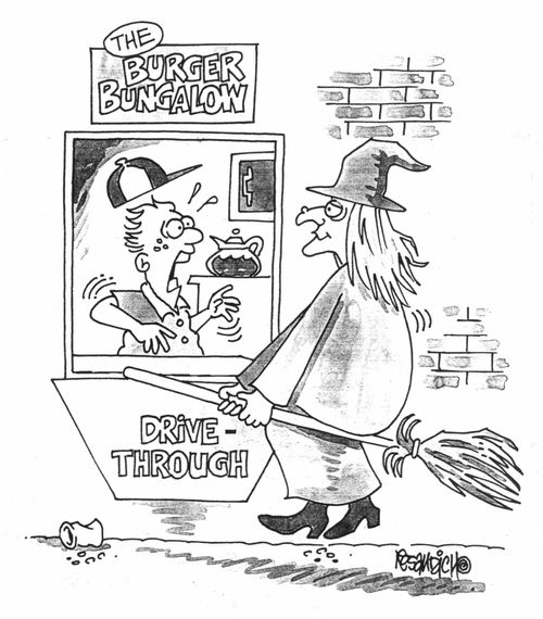 Witch on a broom going through a burger drive thru