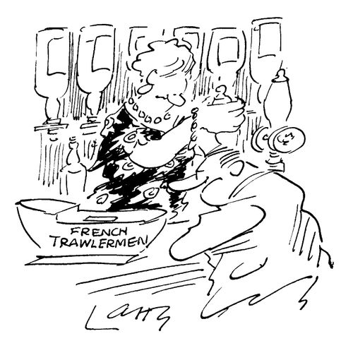 Man frowning at a 'French Trawlermen' charity box in pub