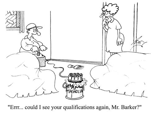Man attempting to paint a room by exploding paint onto the walls - "Could I see your qualifications again Mr Baker."