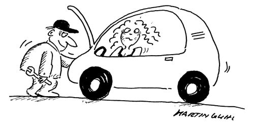 Woman in the car stimulated whilst an engineer fixes the front