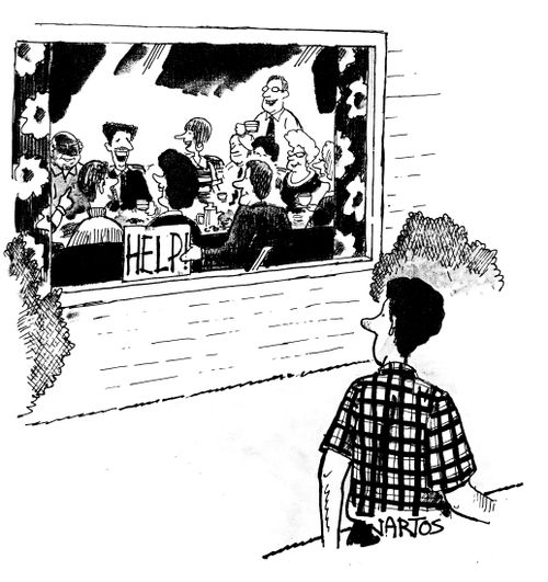 Man at a dinner party asking for help.