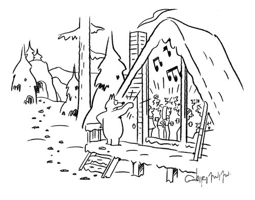Bear knocking on the window of a cabin to ask them to keep the noise down.