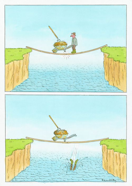 Farmer loses his balance.